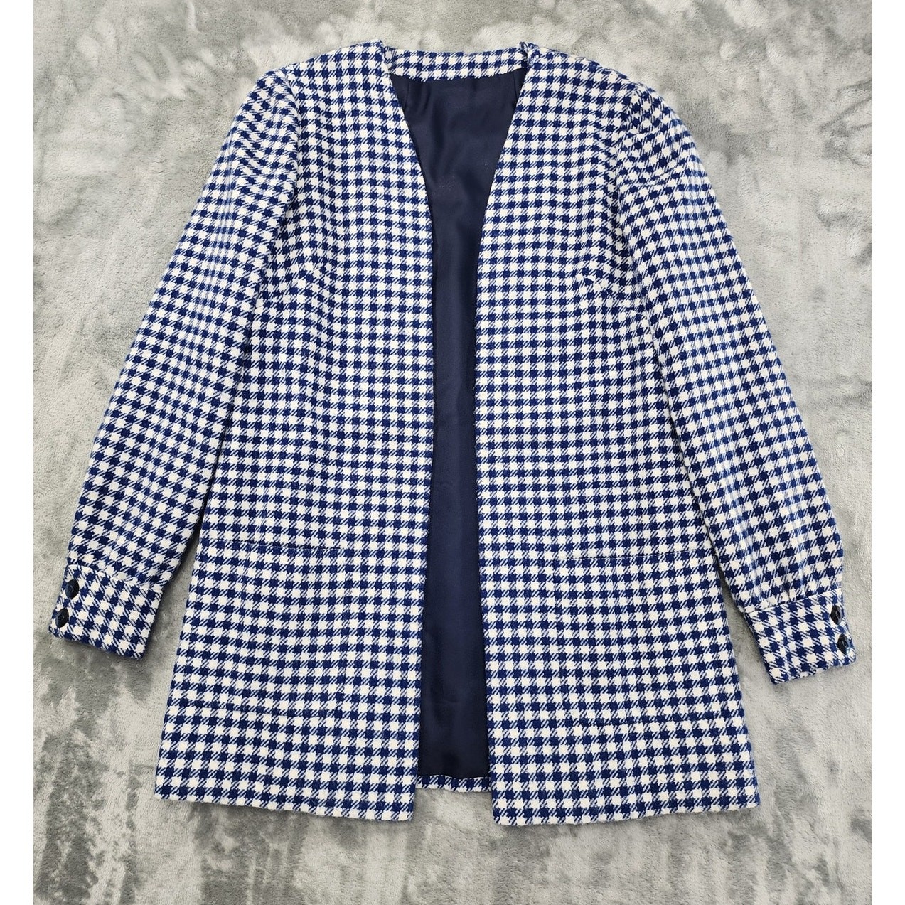 Vintage 60s Houndstooth Wool Collarless Open Front Blazer Jacket Size M Blue