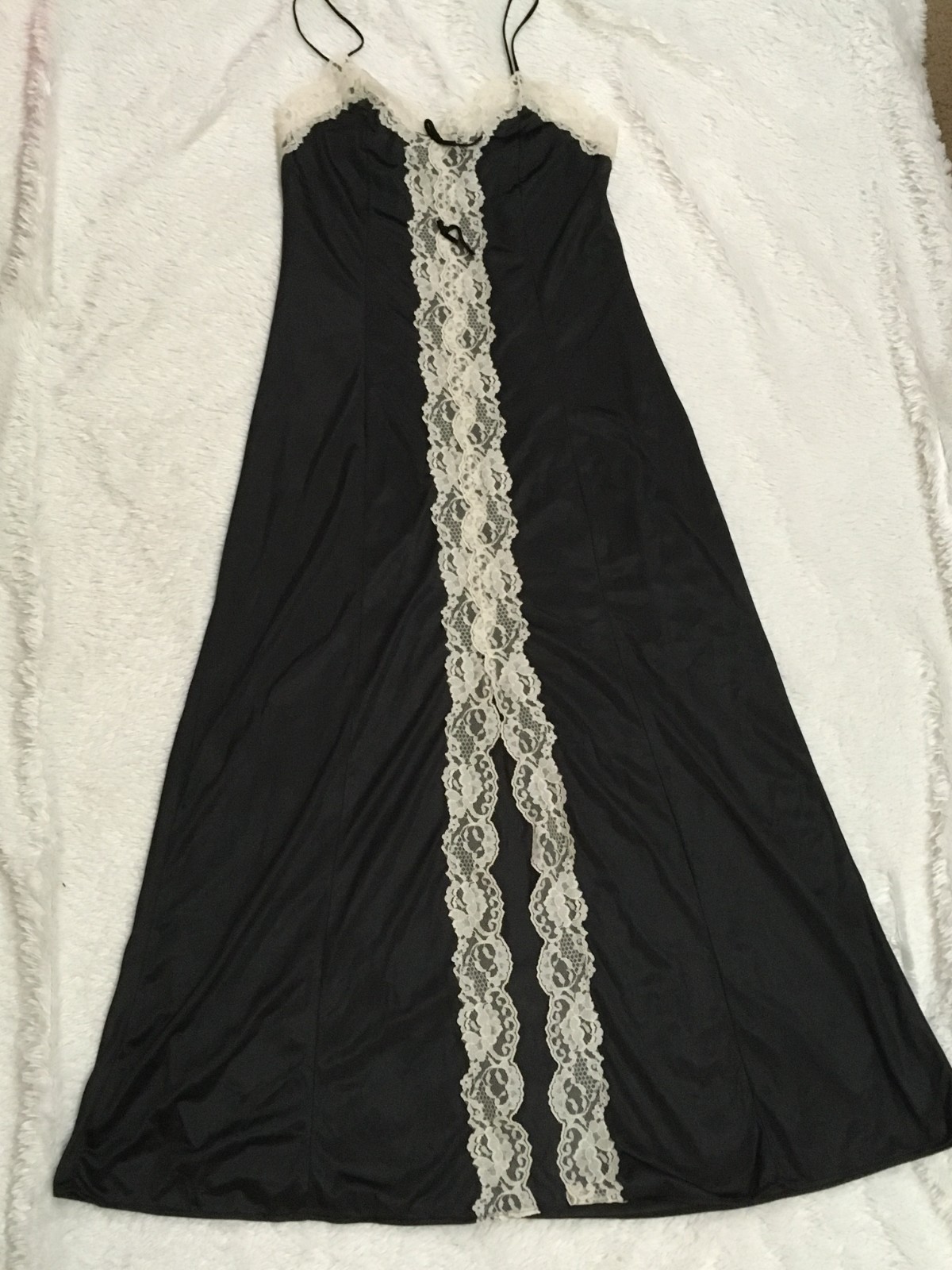 M Vtg SHEER Floral Lace INSERT Long Nightgown Maxi Gown Ivory Black Front Slit