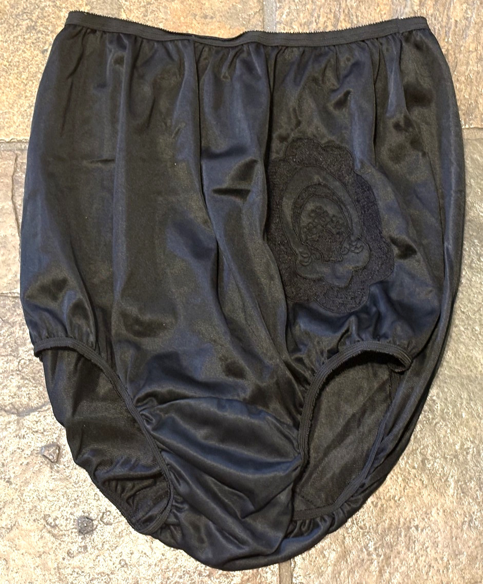 CAROL ANNE Medium Black SATIN Embossed Flower Sheer Panties No Gusset VINTAGE