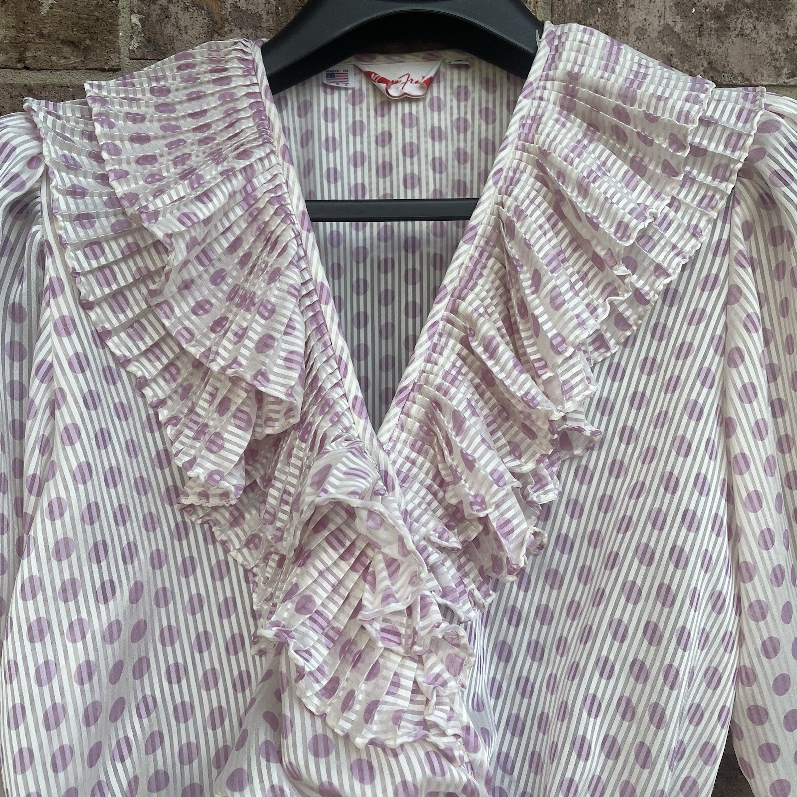 Susan Freis Vintage 80s Sheer Ruffled Boho Blouson Top Pink Polka Dot Small USA