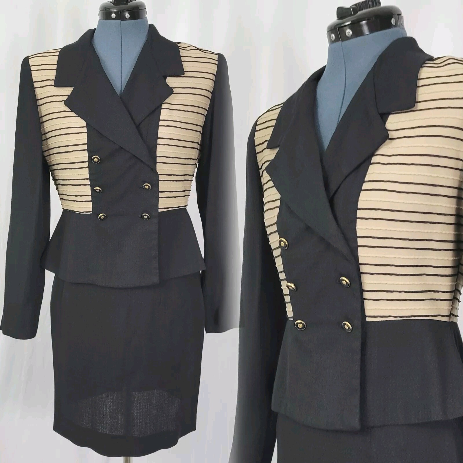 Vintage JSJ Petites Black & Tan 2-Piece Jacket & Skirt Set Size 8P