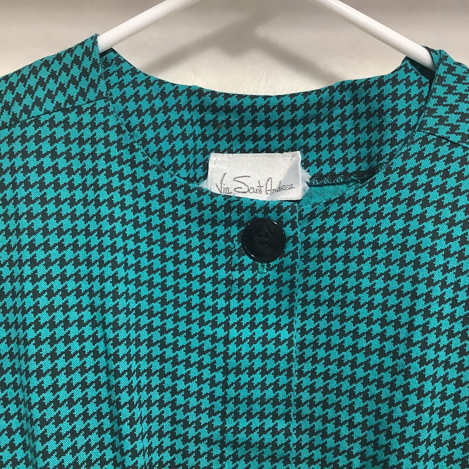 Vintage Via Sant Andrea Dress Jade Green Houndstooth 1/2 Button Peasant Sz12 USA
