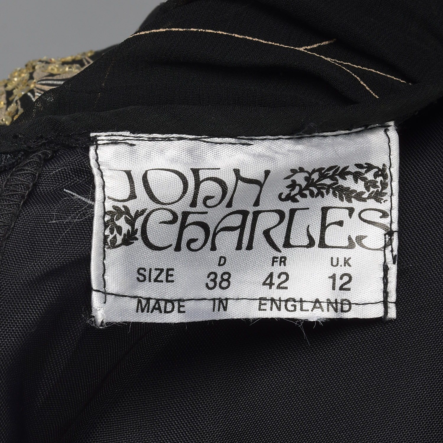 Small 1980s Black Drop Waist Printed Dress Gold Glitter VTG Long Maxi Party