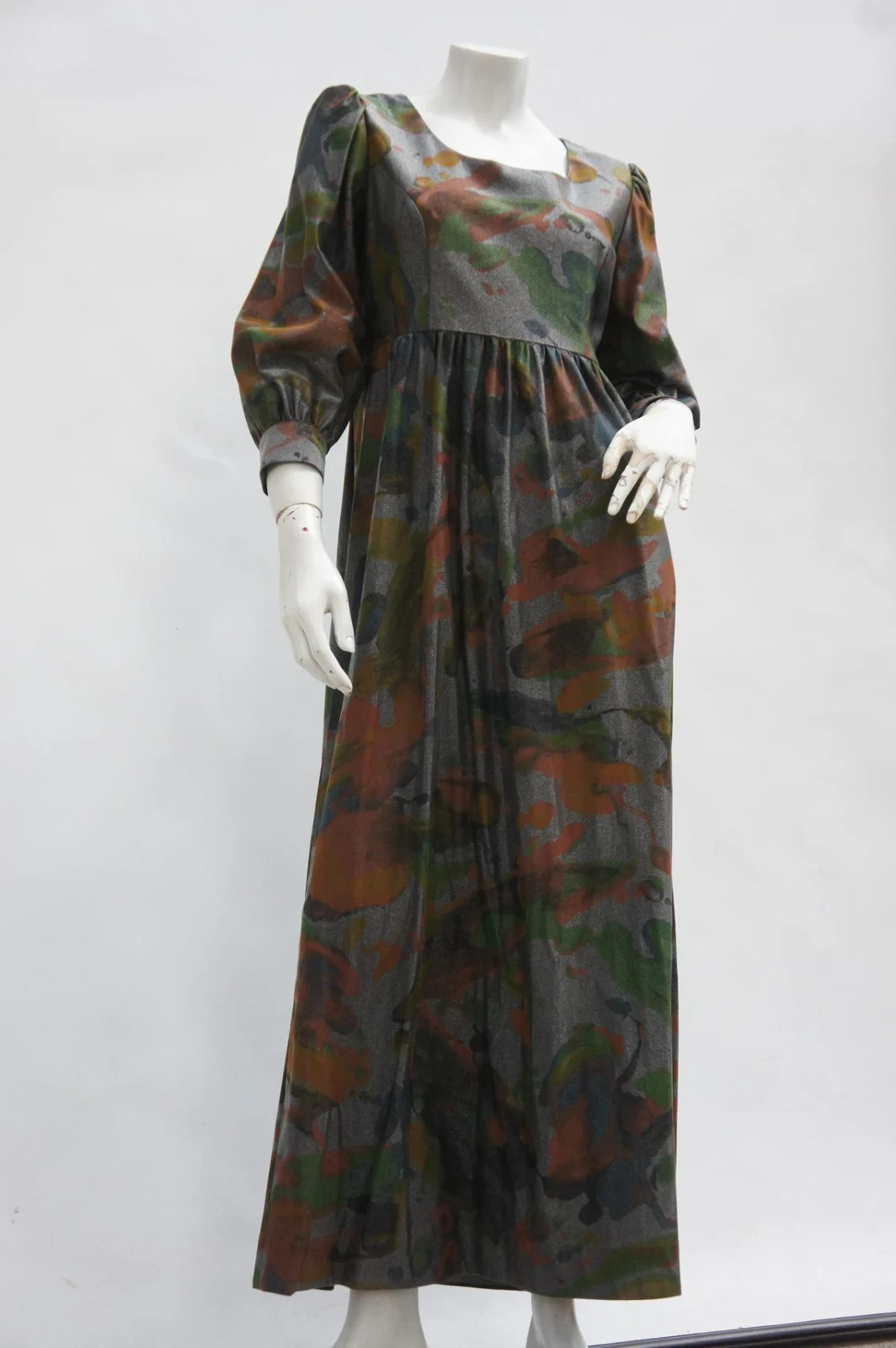 Vintage 60s Metallic Empire Waist Maxi Dress Retro Boho Hippie