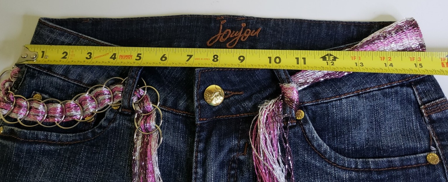 Juniors JouJou Embellished Flower Rhinestone Flare Jeans Y2K Scarf Belt Sz 7/8