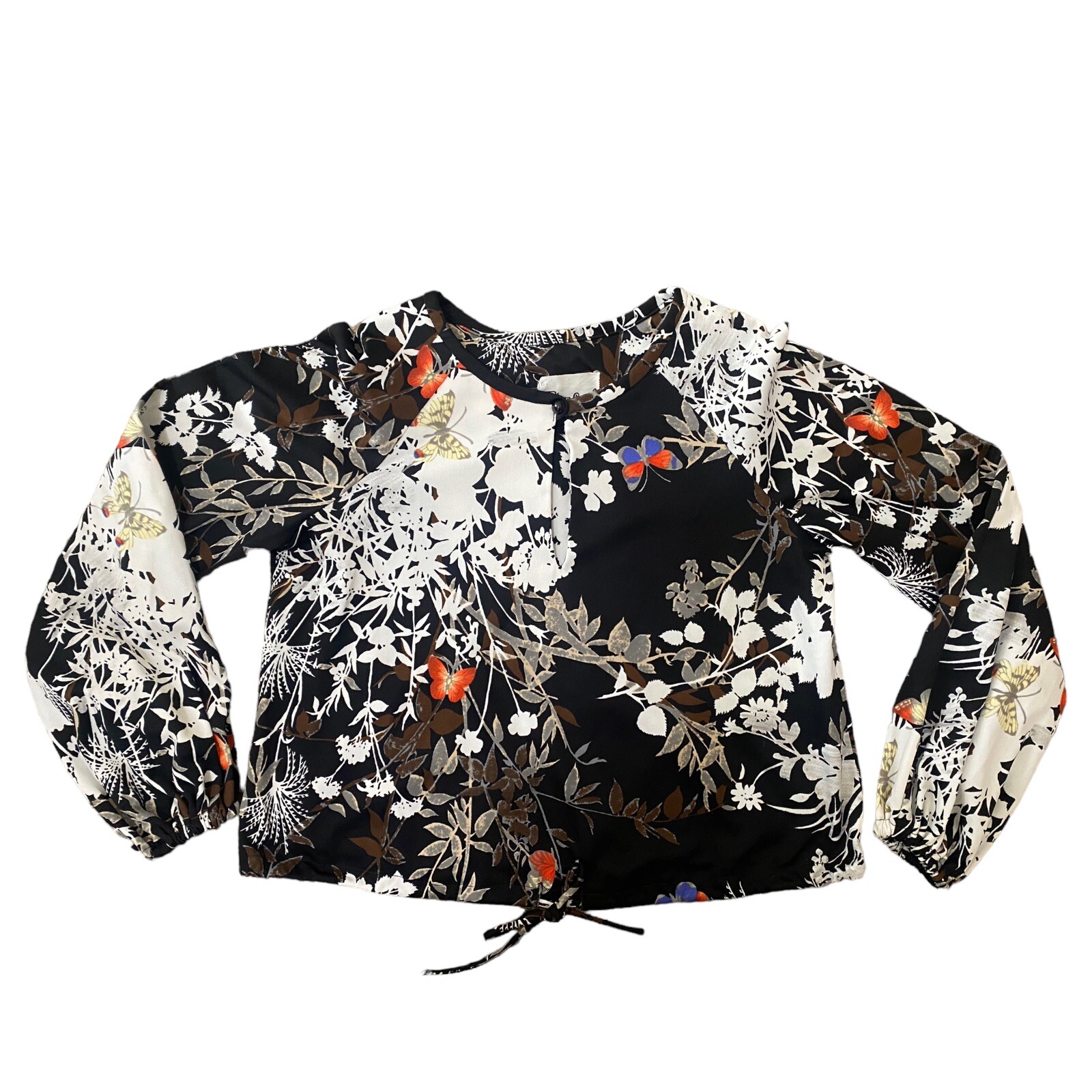1960s/70s Plaza South Women Boho Cropped Black Brown Butterfly Blouse Shirt Sz 8