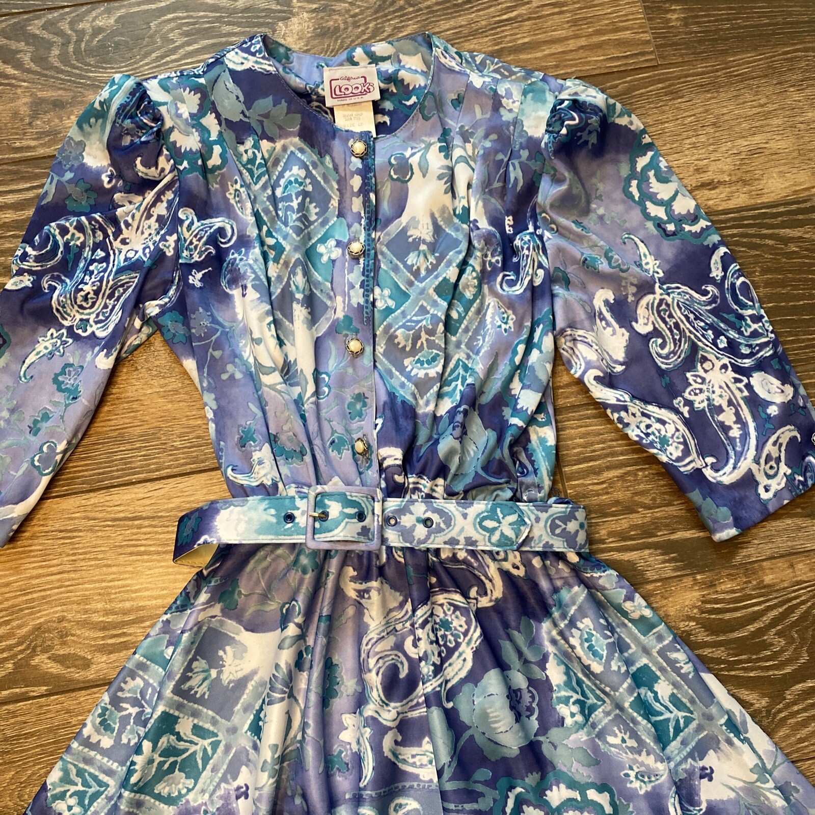 VTG 70s 80s California NEW LOOKS Blue Paisley Belted Tea Day Dress AUTHENTIC
