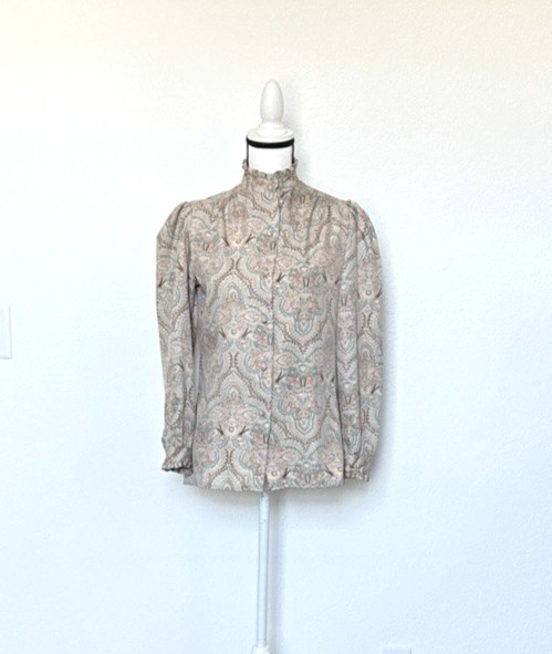 1970s 1980s Silky High Neck Ruffle Collar and Cuff Blouse