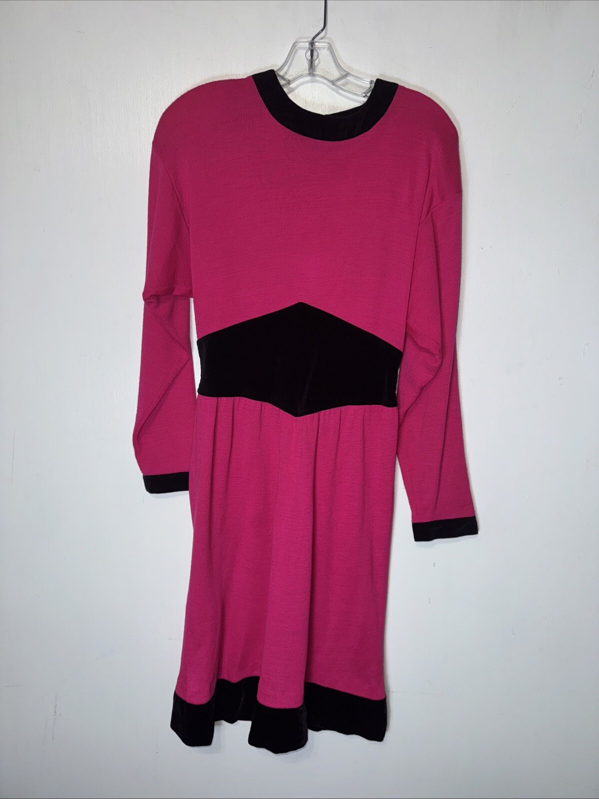 Vintage Kathryn Conover 80s Dress Hot Pink Black Velvet Waist Long Sleeve Small