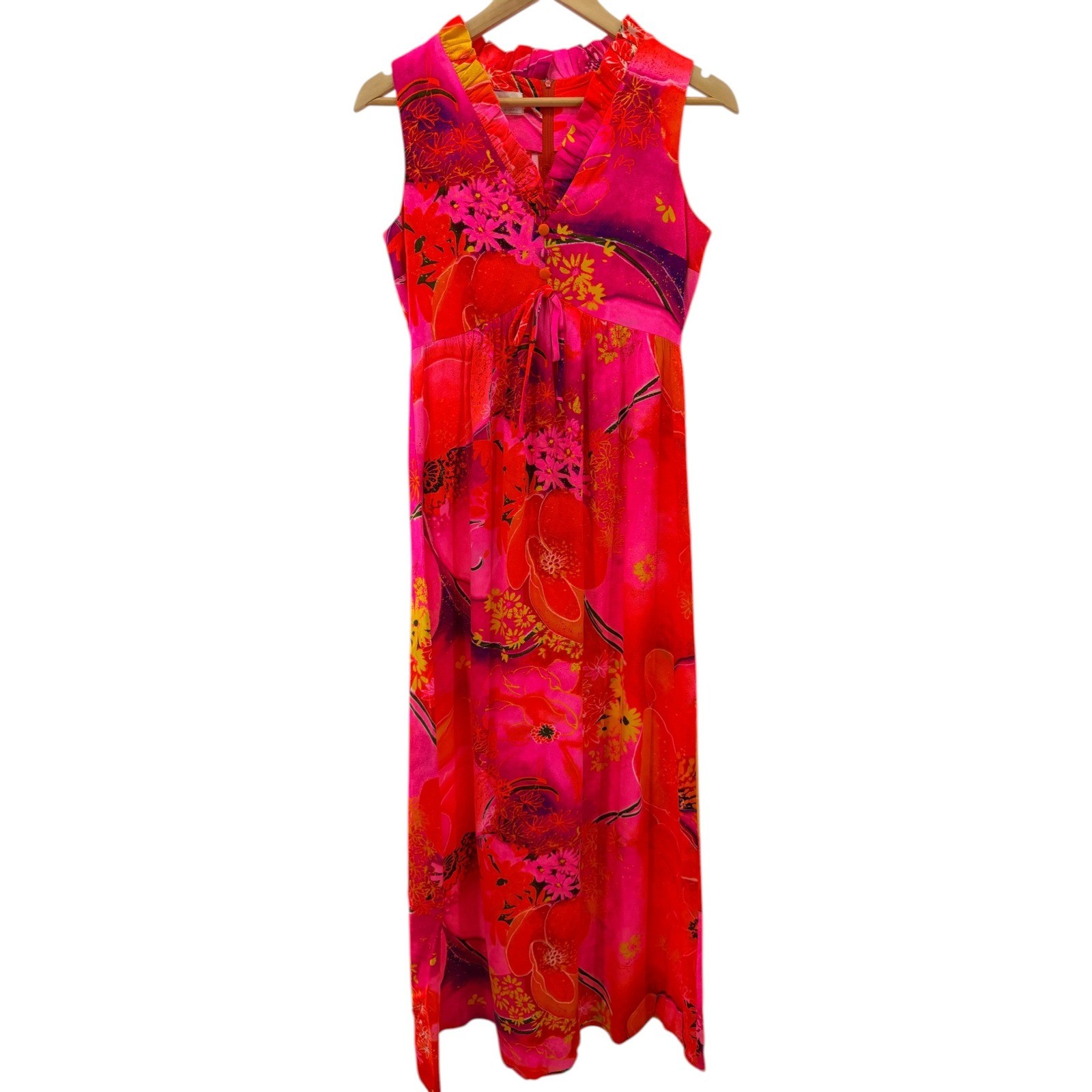Miss Malina Honolulu Vintage Pink Red Floral Ruffle Maxi Dress Womens 10 12 70s