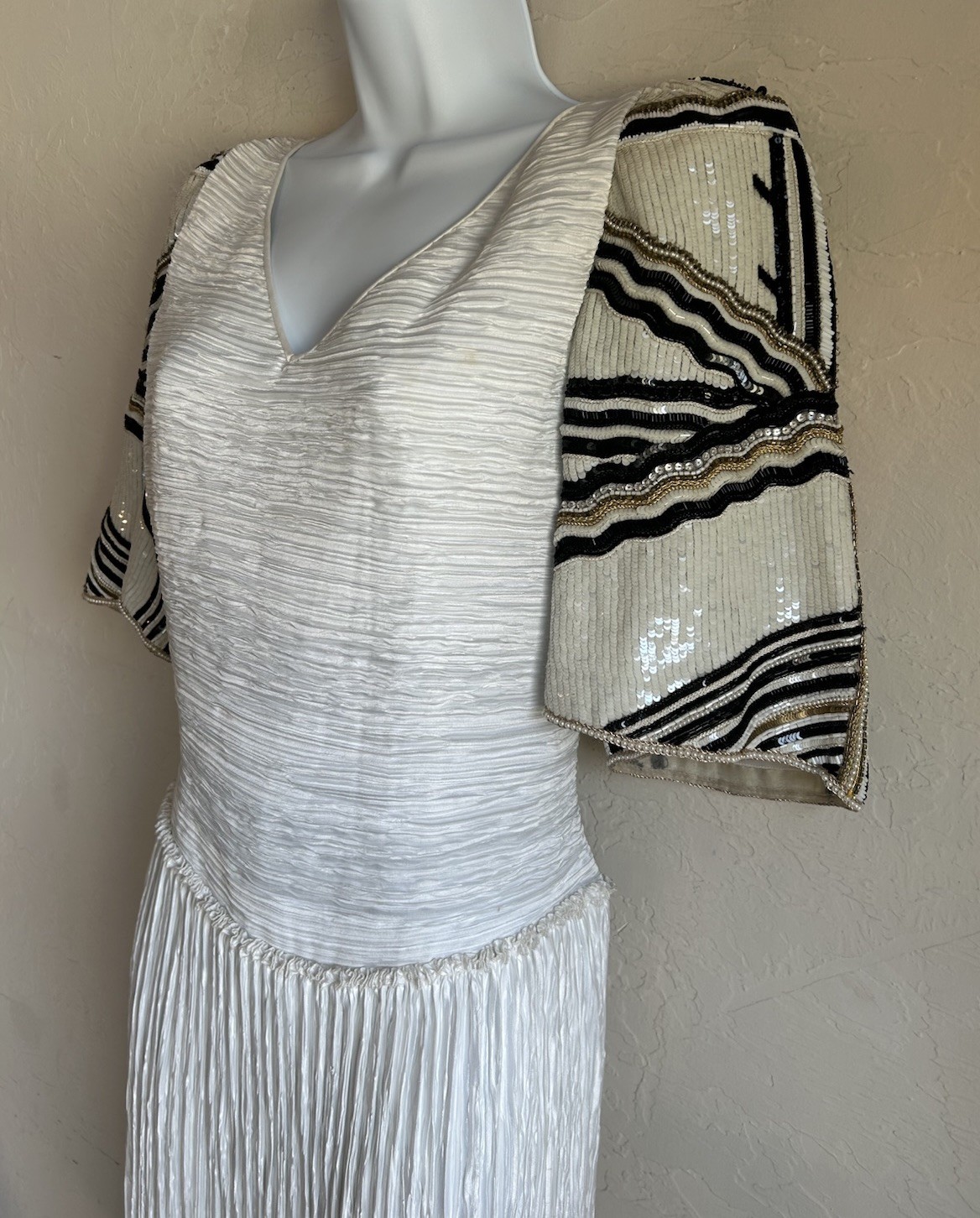Vintage 80s Mary McFadden Couture Pleated Plisse Goddess Dress 14 Beaded Sleeves