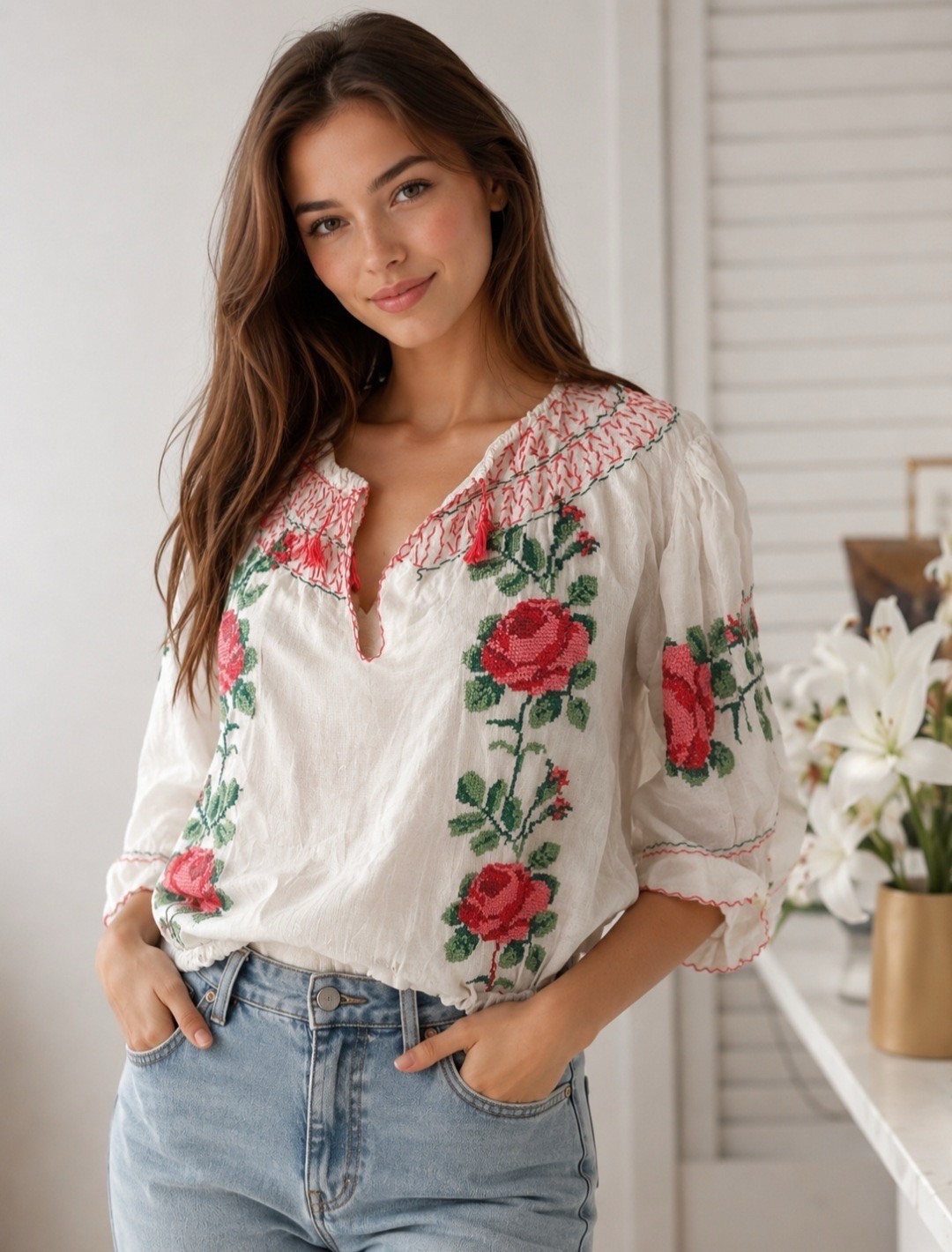 Vintage rarity! Gypsy top, hand embroidered roses,off shoulder neckline &sleeve