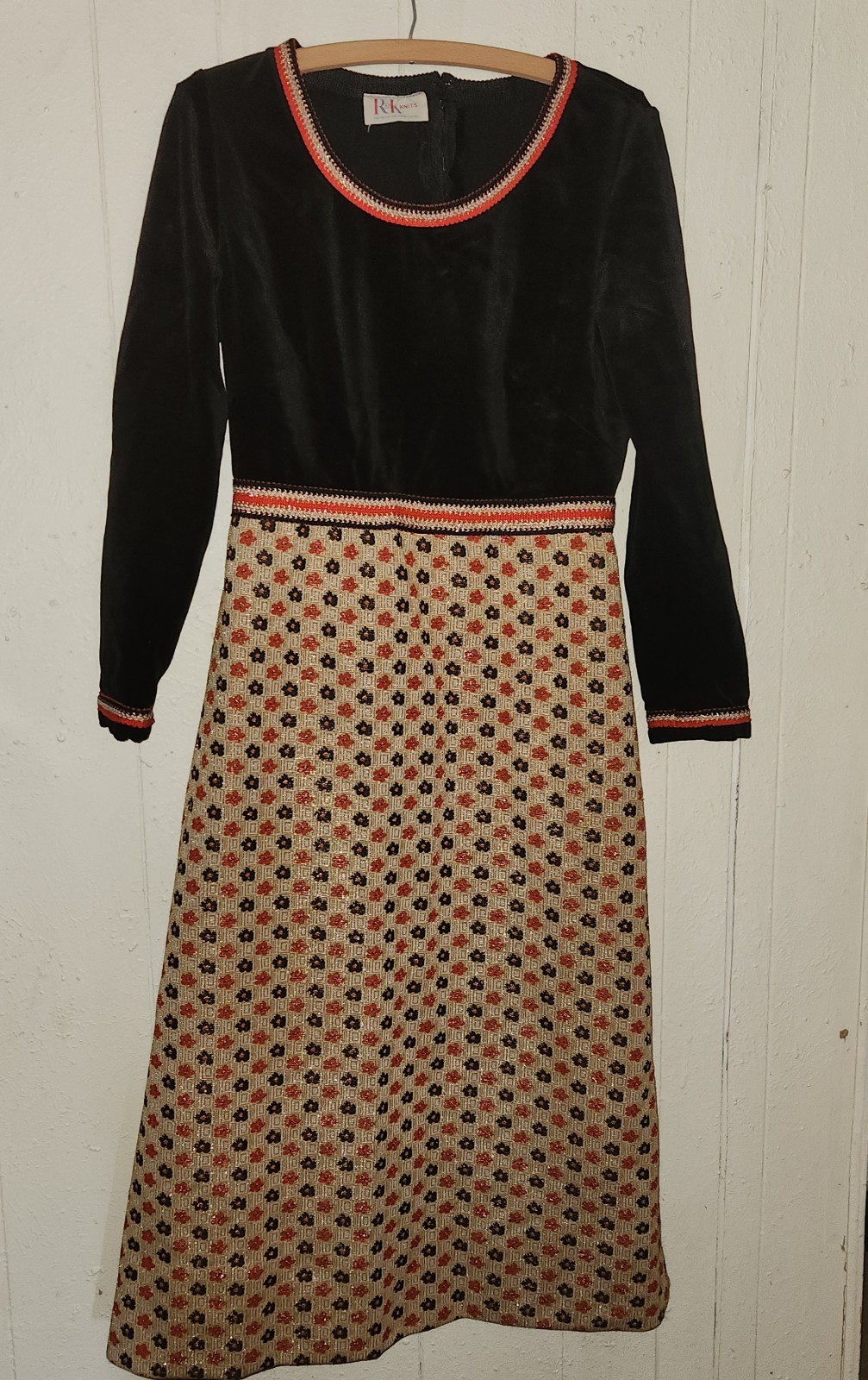 VTG 70s R&K Knits Velvet Bodice Maxi Dress Metallic Floral Skirt Boho Hostess M