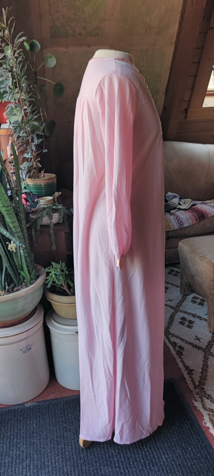 Vtg Long Nightgown Size S Lewis Frimel Maxi Long Sleeve Pink Satin Lace Grandma