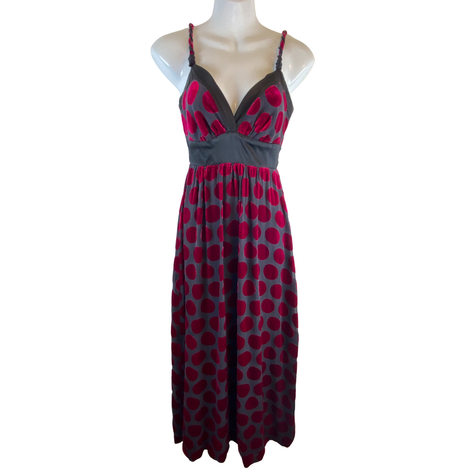 Voom Joy Han 90s Y2K Silk Velvet Polka Dot Maxi Dress XS Pink Fuchsia Black Goth