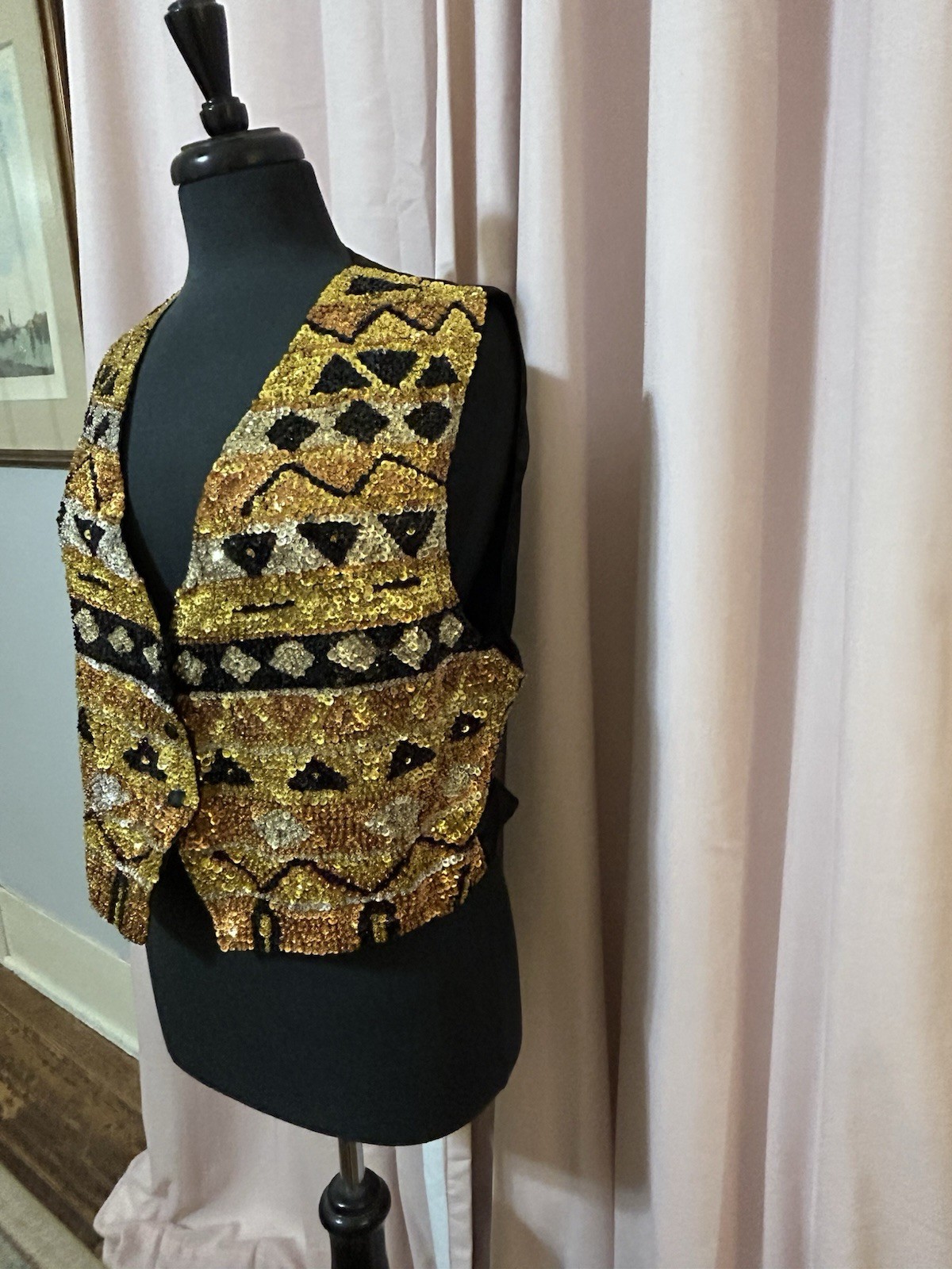 VTG Womans Size L Vest Sequin Beaded Gold Handmade Adj waist Casino Dealer