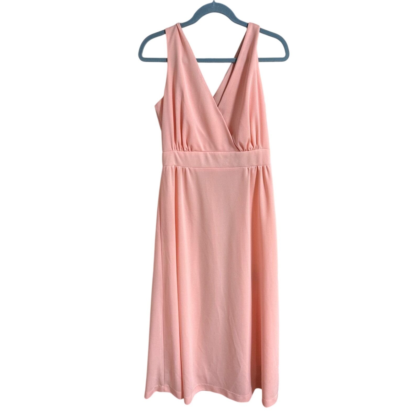 Vintage Peach Pink Sleeveless V-Neck Surplice Midi Dress Fit & Flare Zip Back