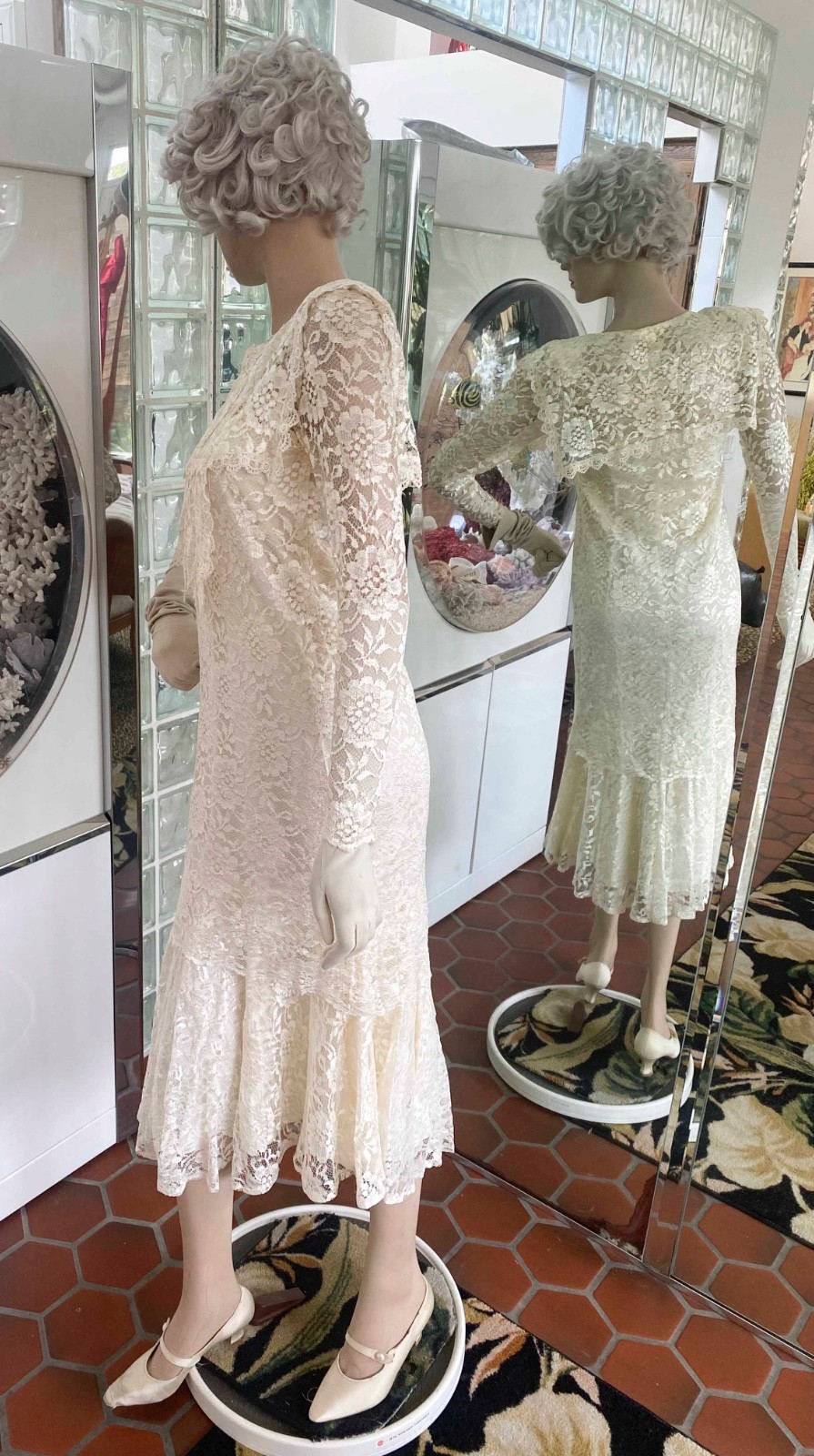 VTG 1980s copies 1920s-Ivory Lace Drop Waist Dress size XSP Fapper Gatsby