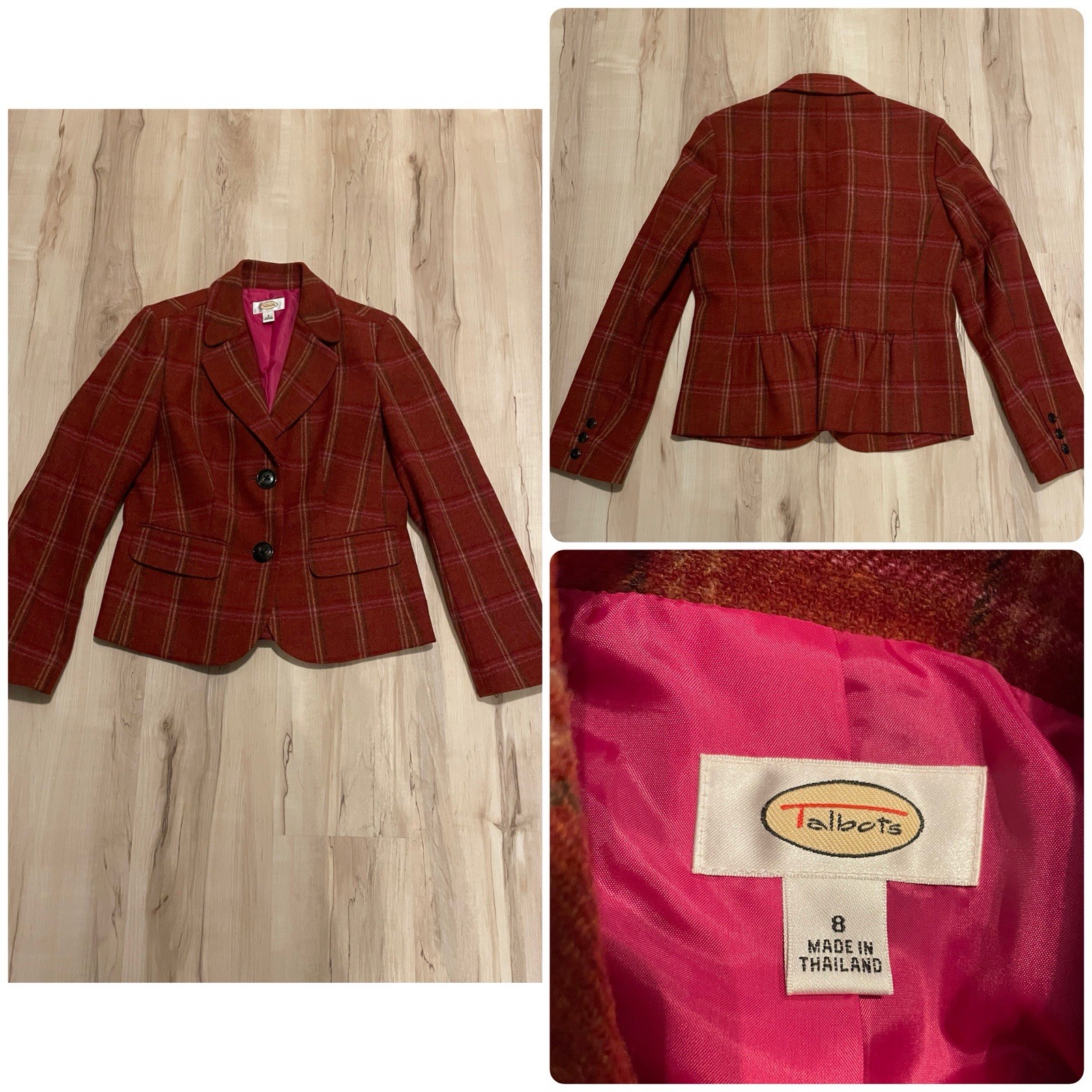 Vintage Talbots Wool Plaid Blazer Women’s Size 8 Rust Peplum Back Lined 2 Button