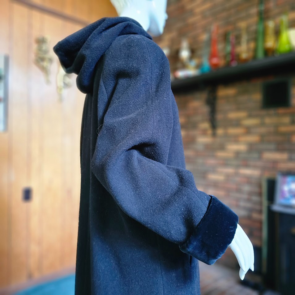 Vtg 80s Little Gothic Riding Hood Black Wool Velvet Full Length Cloak Coat L/XL