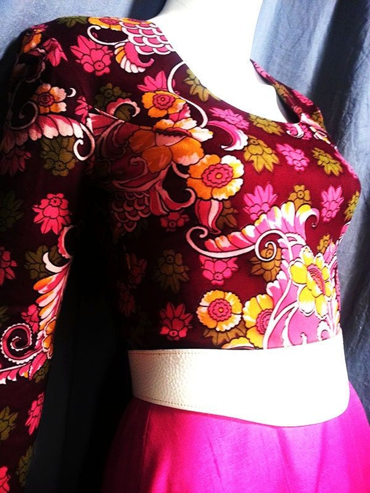 Vintage 70s boho mod floral maxi hot pink skirt boho gown party hostess dress xs