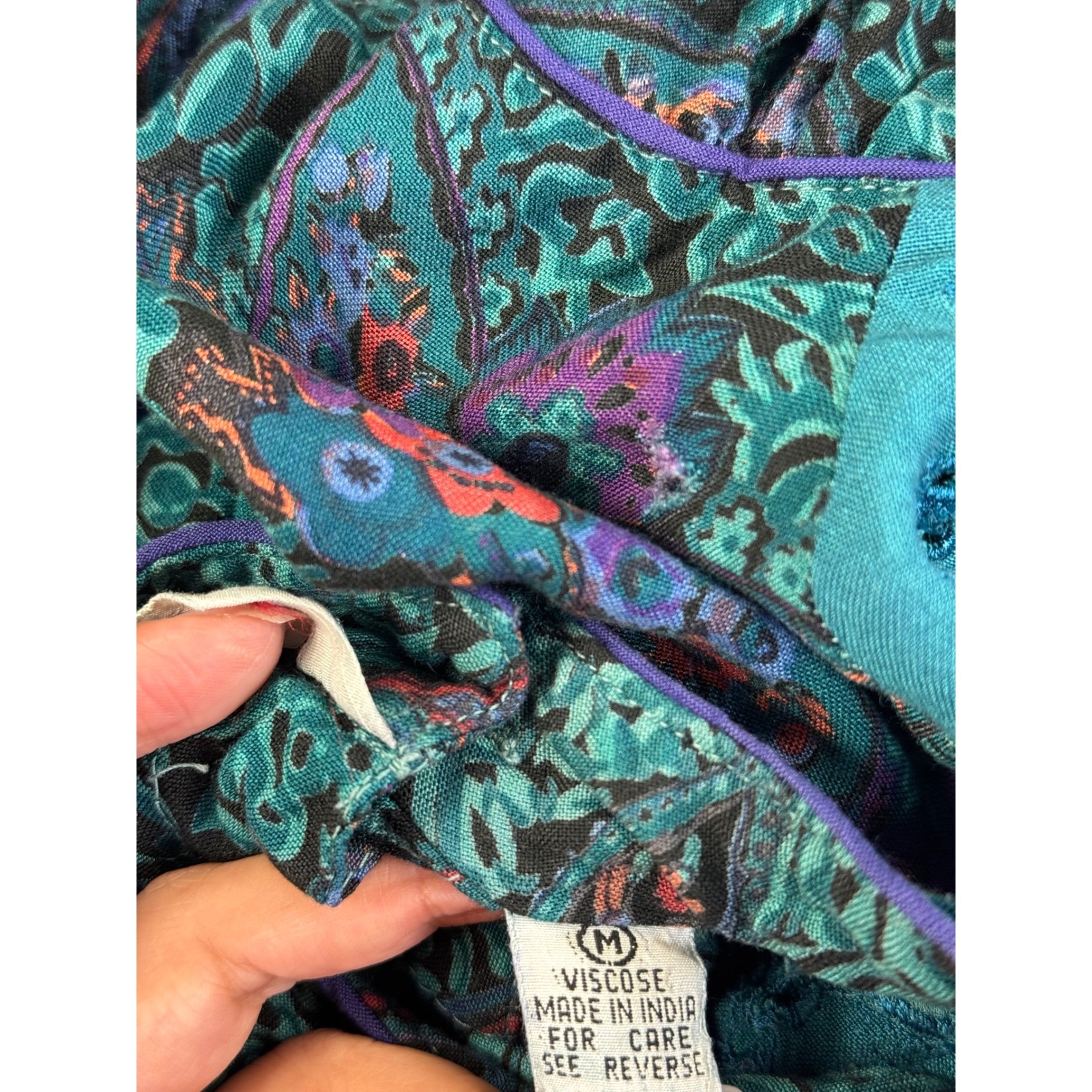 Vintage Phool Paisley Midi Dress Teal Purple Mock Neck Short Sleeve India M