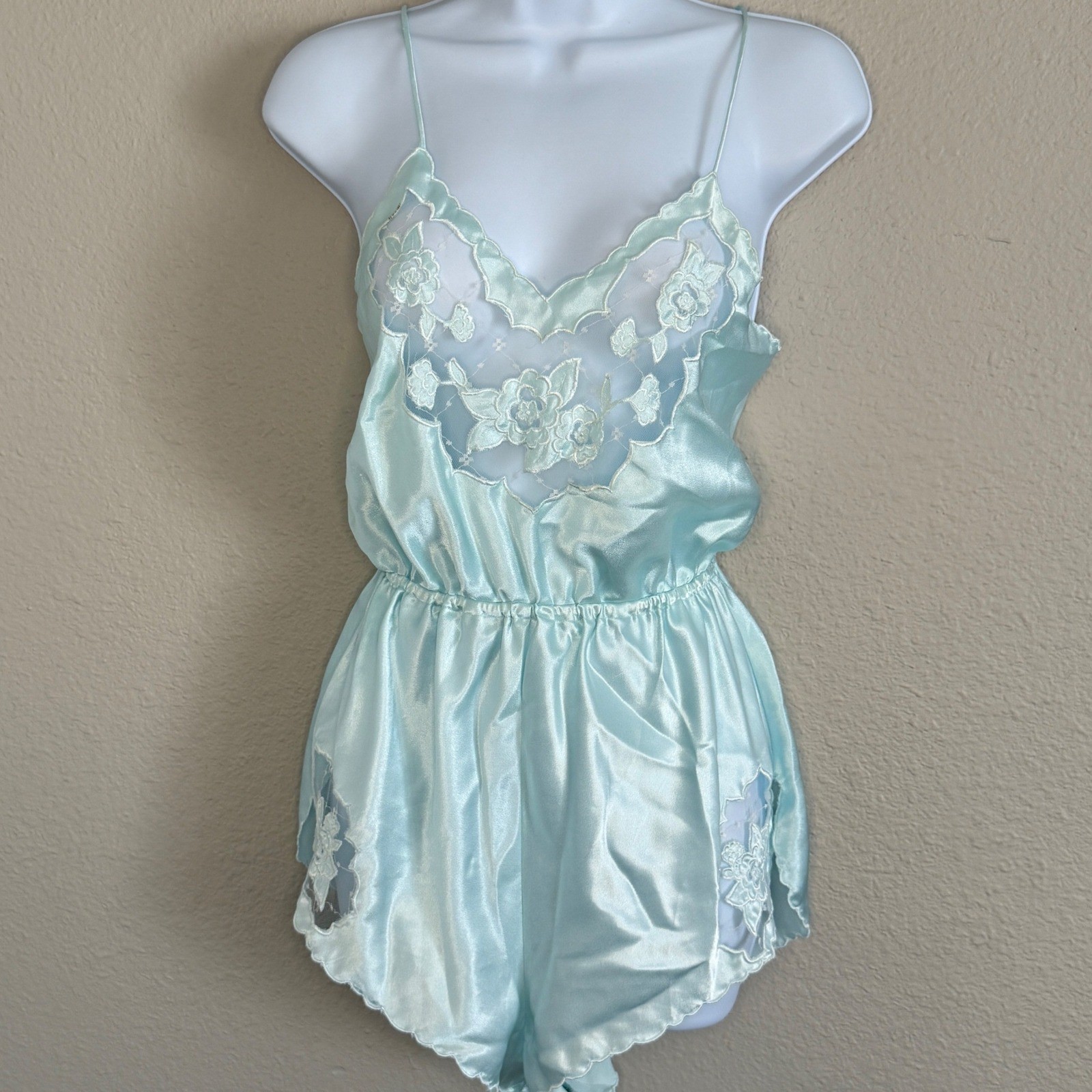 VTG Coquette Blue Satin Lace Teddy Floral Scalloped S/M Retro Bridal Soft Girl