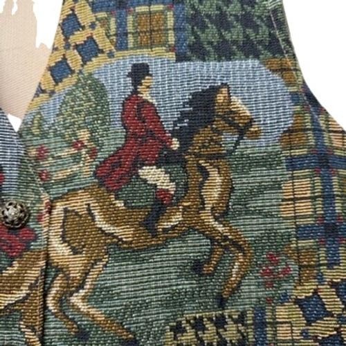 Vintage Wrapper Equestrian Tapestry Vest Womens Large Fox Hunt Plaid Made in USA