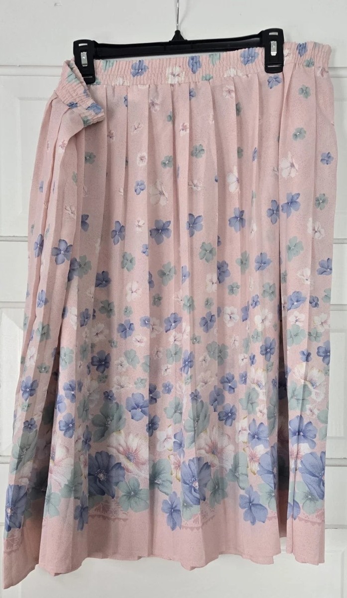 Vintage TanJay Floral Midi Skirt Womens Pink Pleated Elastic Waist Cottagecore