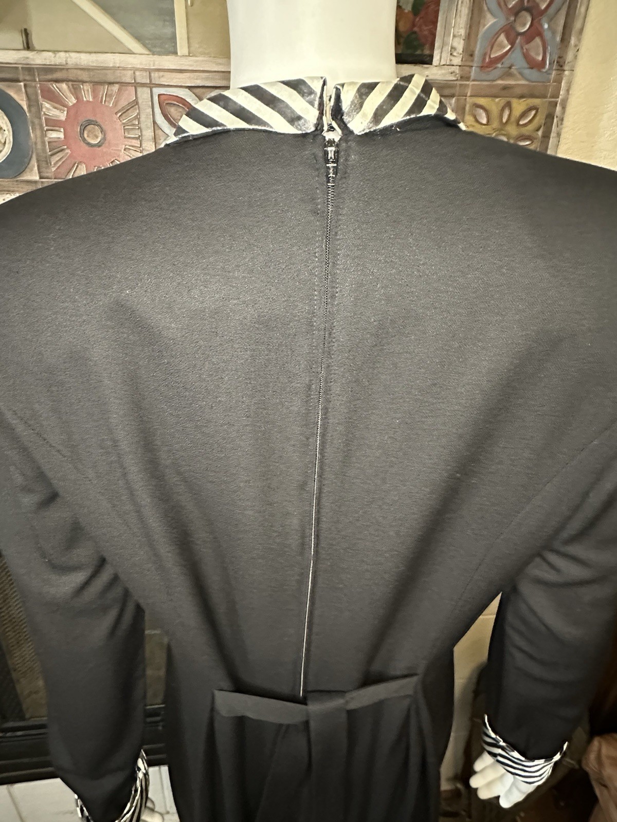 Vintage Black Striped Shawl Collar Wide Leg Palazzo Tie Back Tuxedo Jumpsuit