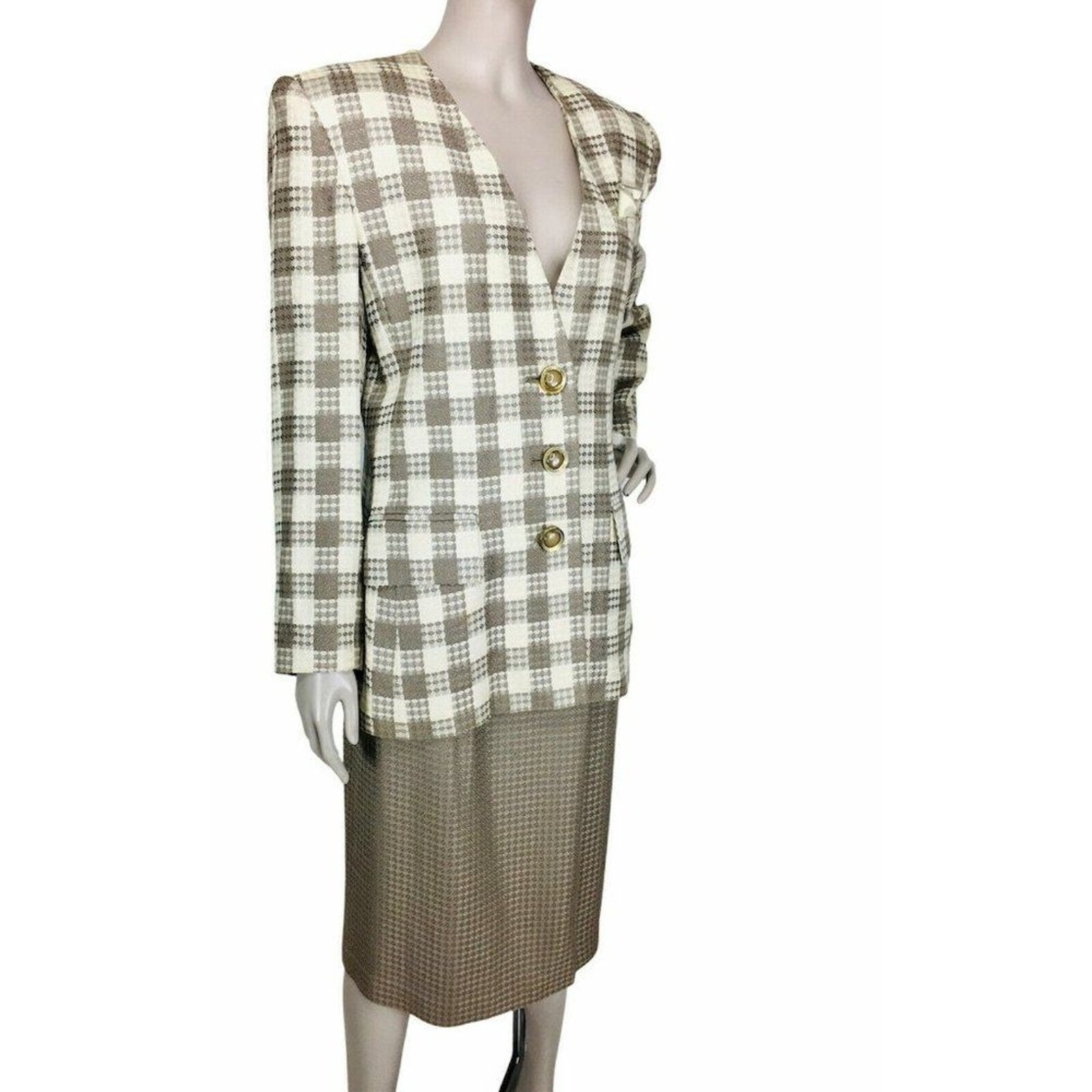 Vintage 80’s High Shoulder Tweed Houndstooth Blazer & Pencil Skirt Business Suit