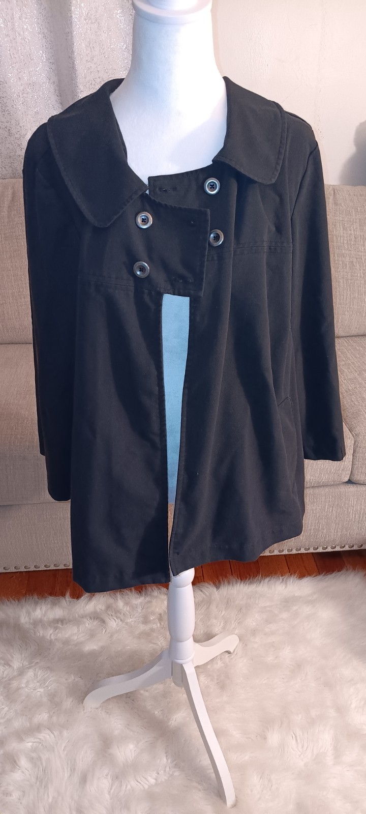 Avenue Black Double Breasted Swing Coat Teal Satin Lining Peter Pan Collar 20