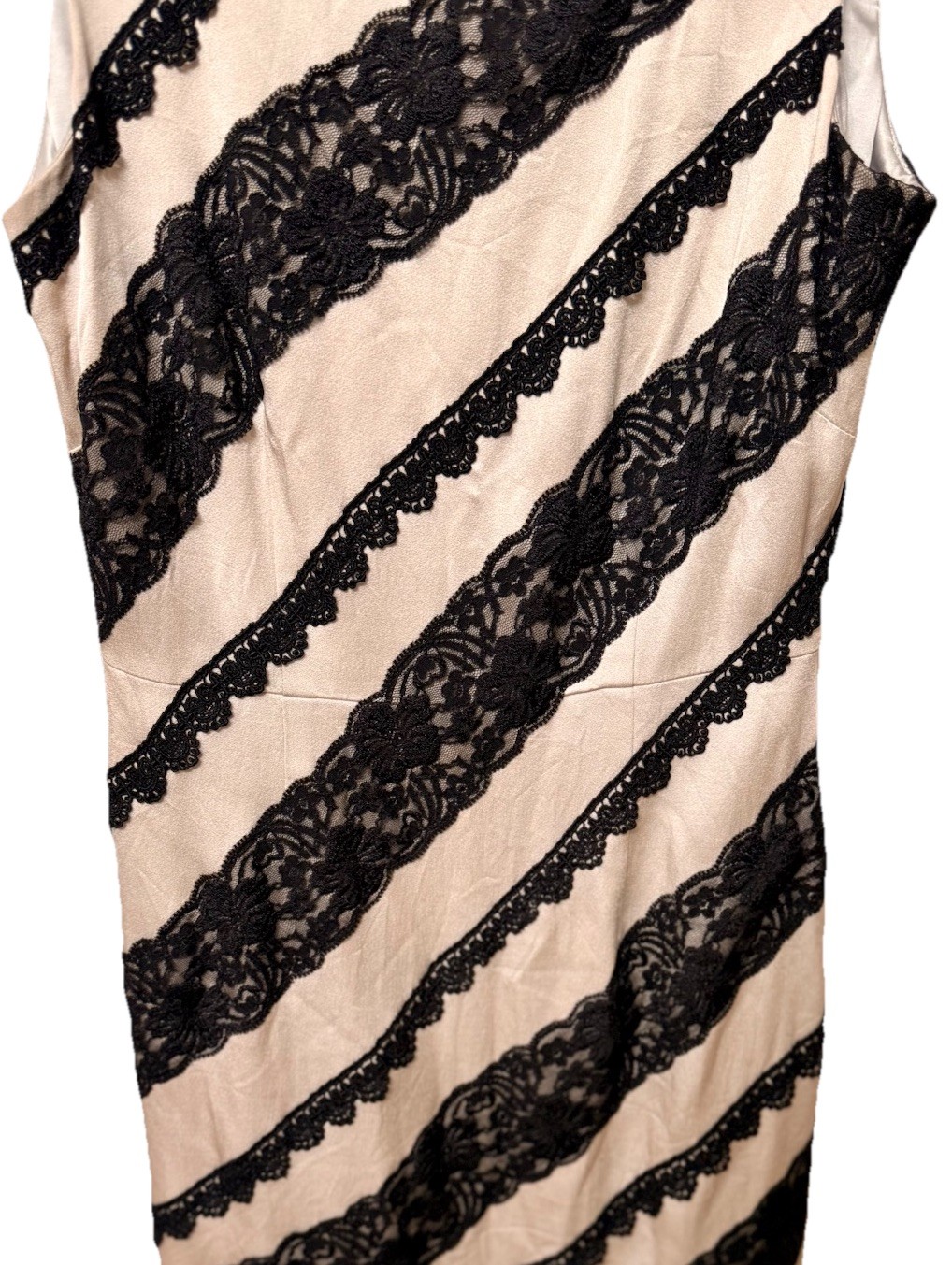Vtg Tahari ASL Powder Pink W/Black Lace Strips Satin Lining Dress. Formal