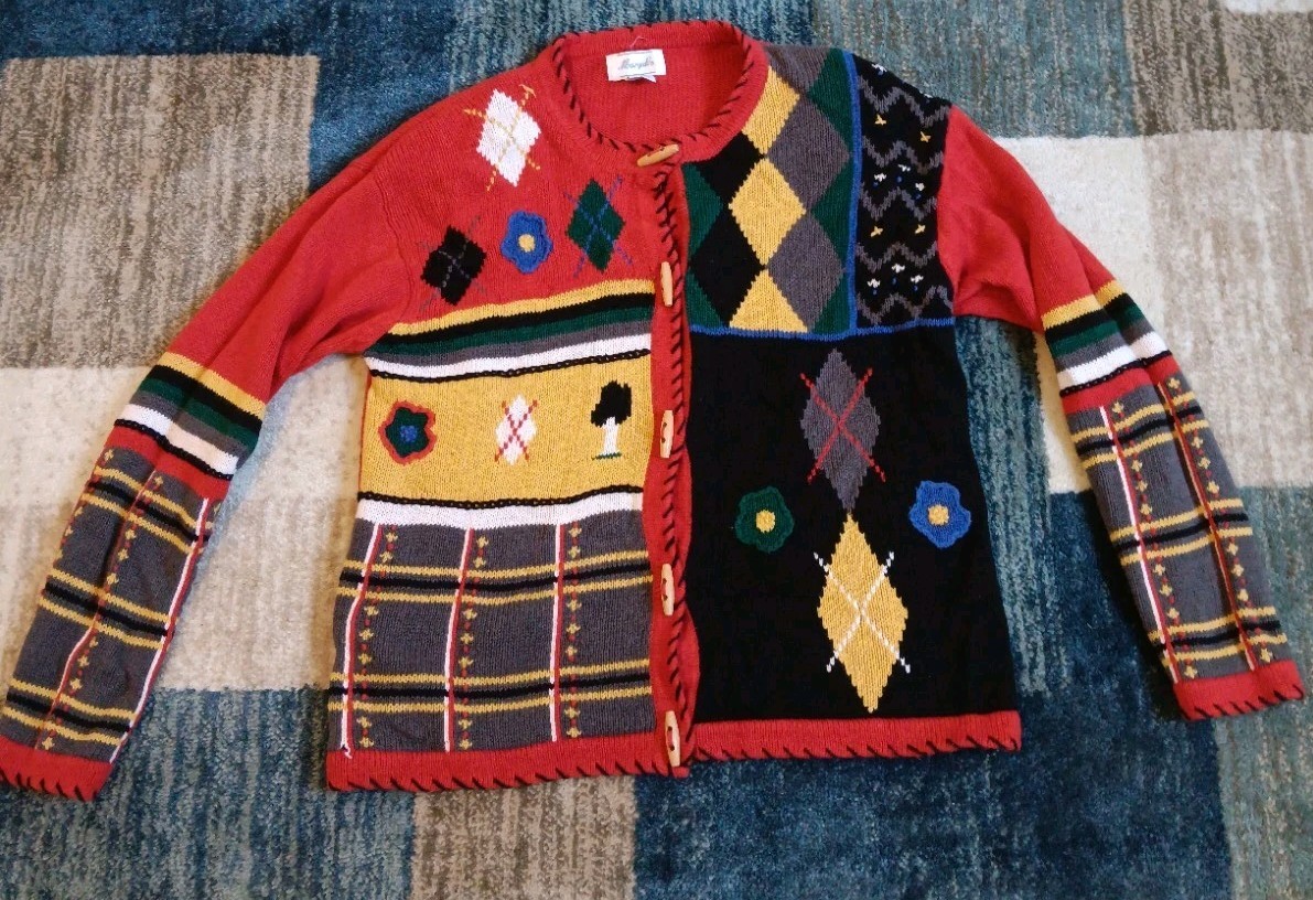 Margules Vintage Sweater Cardigan Medium Shoulder Pads Red Multicolor