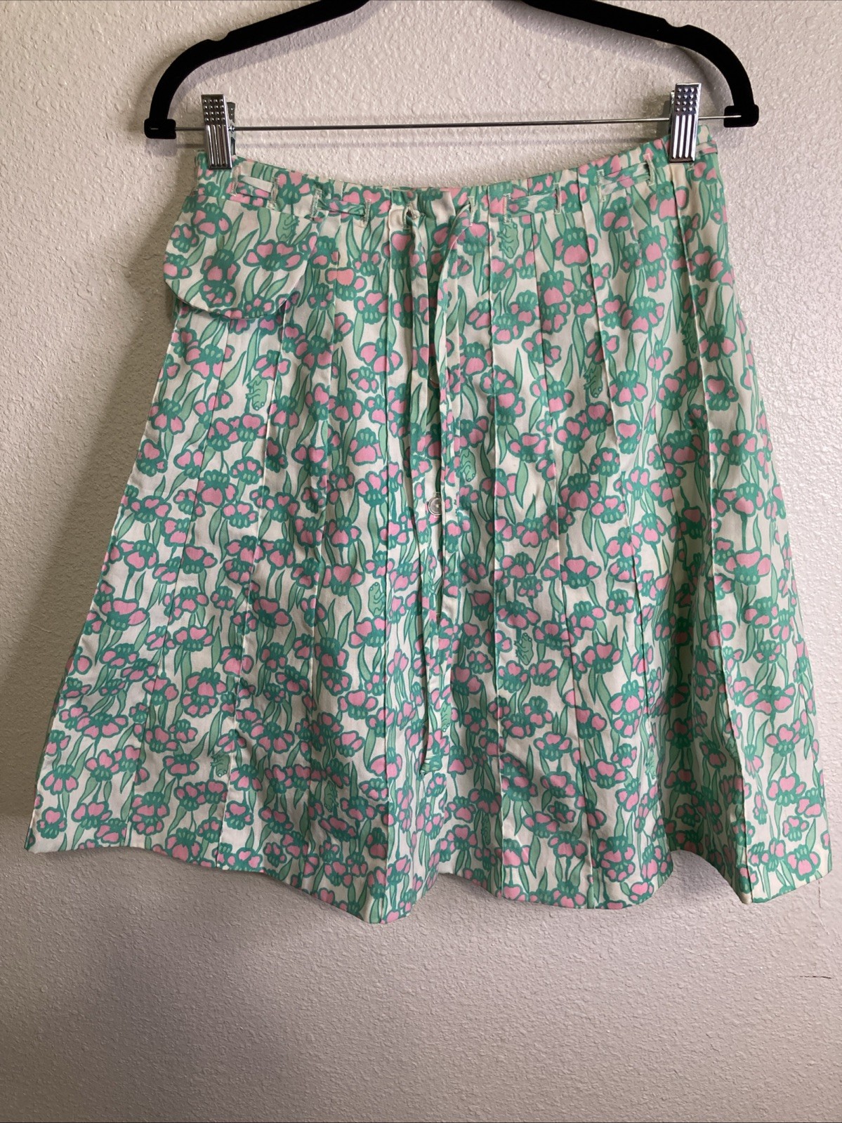Vintage FROG TOG Frog Green Pink Floral Button Draw String Skirt Sz M Whimsical