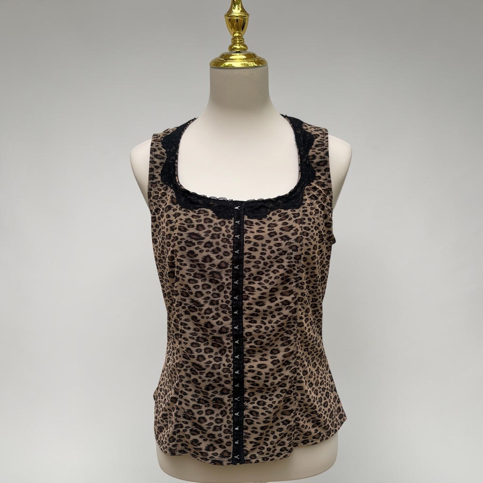 VTG Venezia Leopard Corset Top 14/16 Brown Lace Hook Eye Y2K Indie Sleaze Grunge