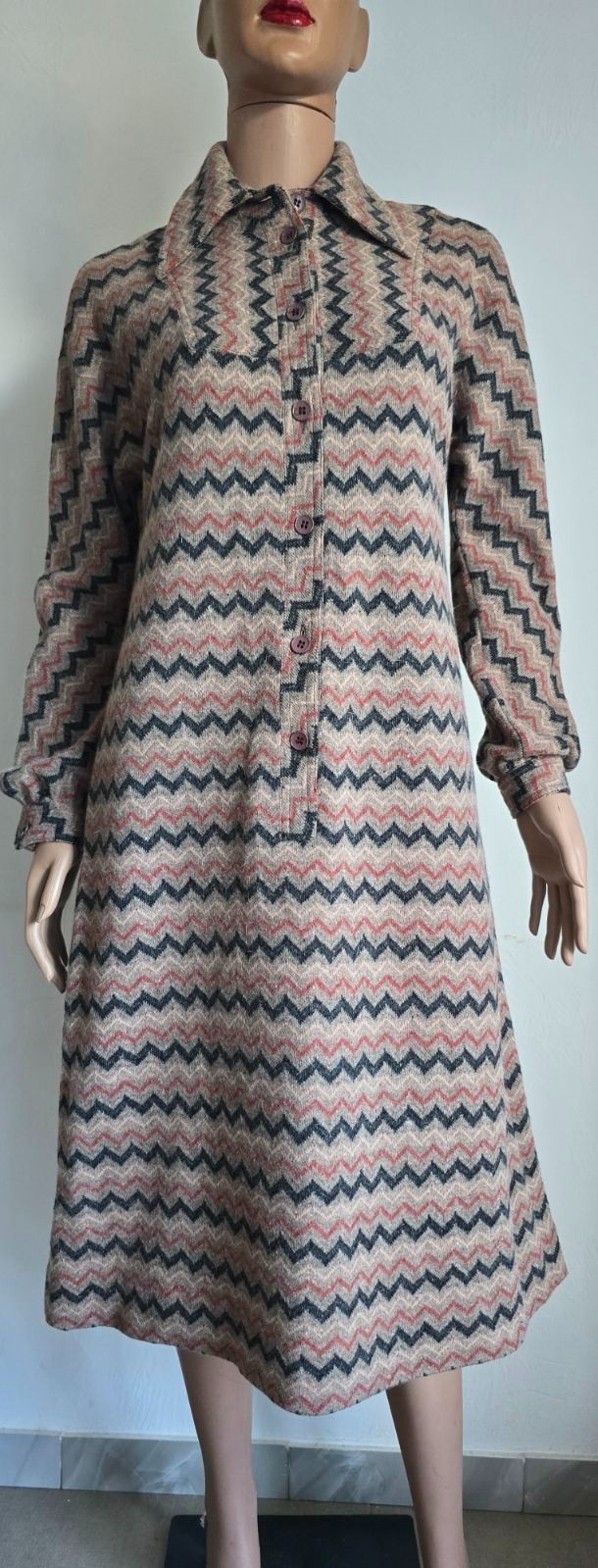 Vintage MISS LAGOTTI Angora Blend Knitted Zigzag Midi Shirt Dress Size 42