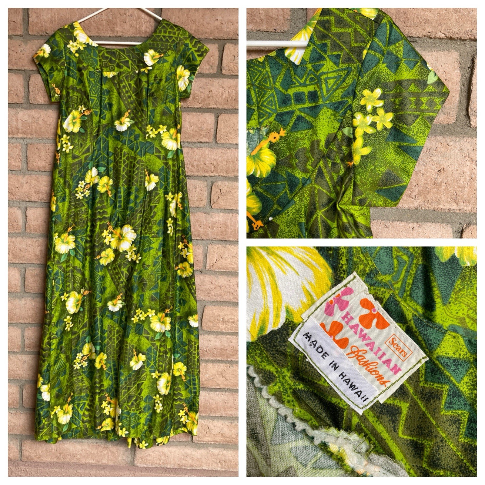 Vintage Sears Hawaiian Fashions Muumuu Womans Maxi Dress Tropical Floral Green