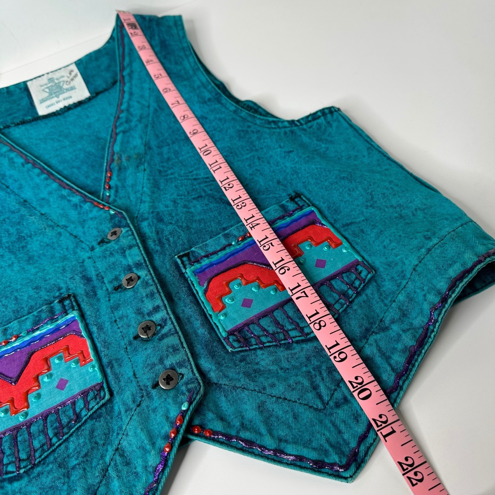 Vtg Turquoise Tyrtle Painted Design Wear Vest Southwestern Acid Wash Festival OS