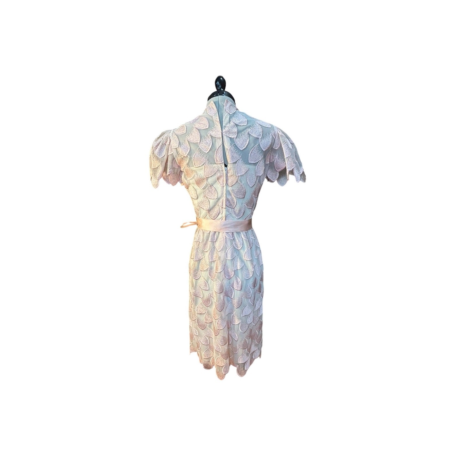 Pastel Petal Appliqué Dress Puff Sleeve Sheer Overlay William Pearson 80s Party