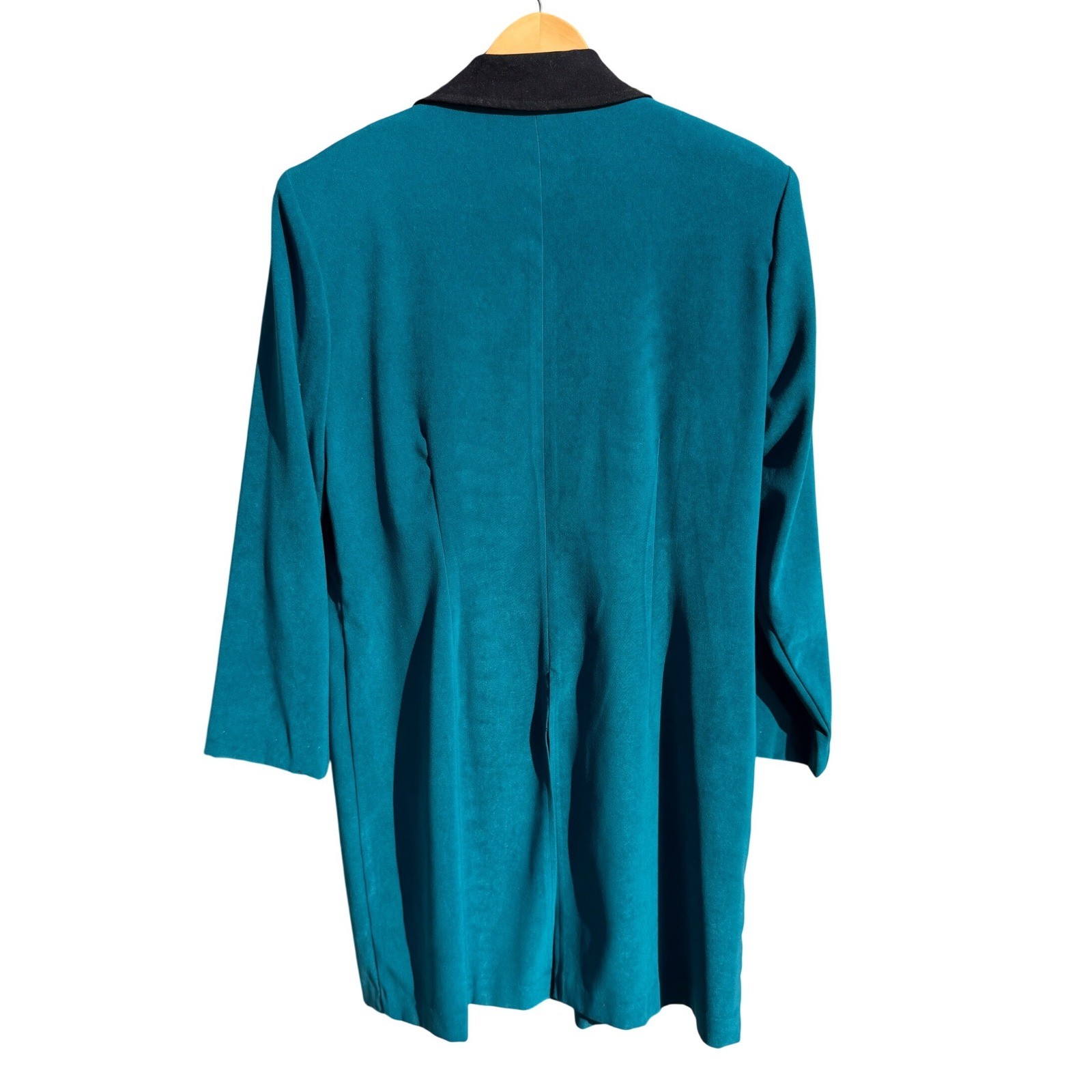 Vintage D.J. Summers Teal Blue Longline Blazer Coat Black Collar Size 14