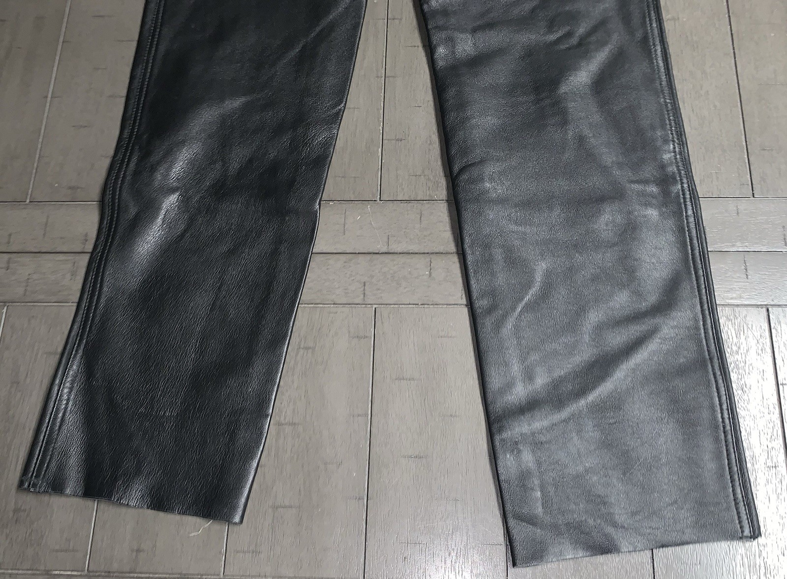 B1 Y2K CANDA C&A BLACK SOFT LEATHER PANTS SZ 4 RAW HEM BOOTCUT MOTORCYCLE 24×31”