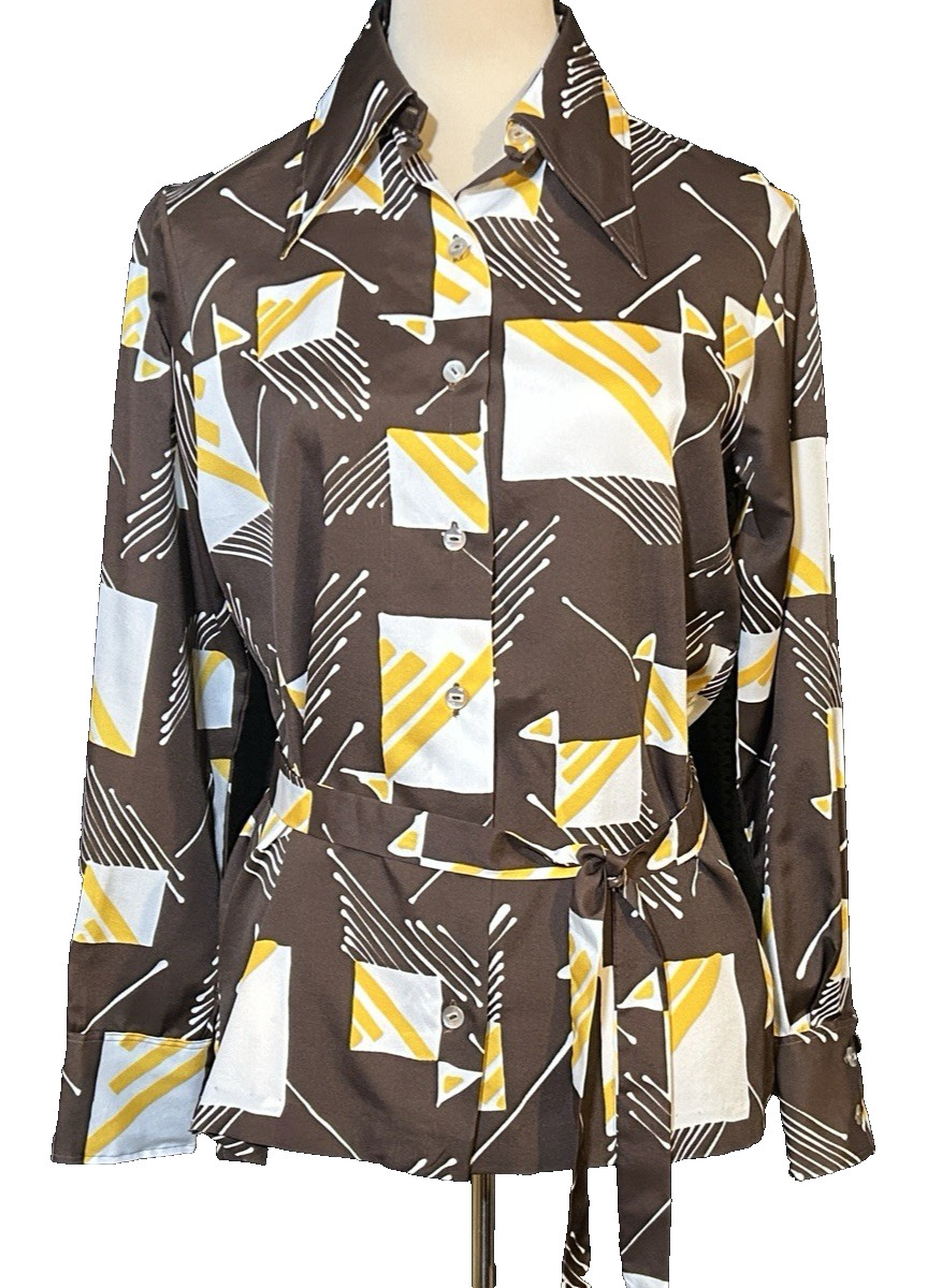 Vintage 1970s Mod Long Sleeve Dagger Collar Button Shirt Women Psychedelic Disco