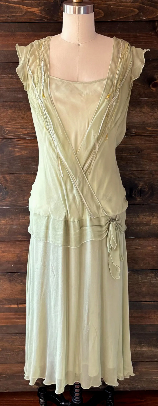 Vtg 90s JONATHAN MARTIN Silk Dress Sage Green Embroidery Rhinestones Size-10