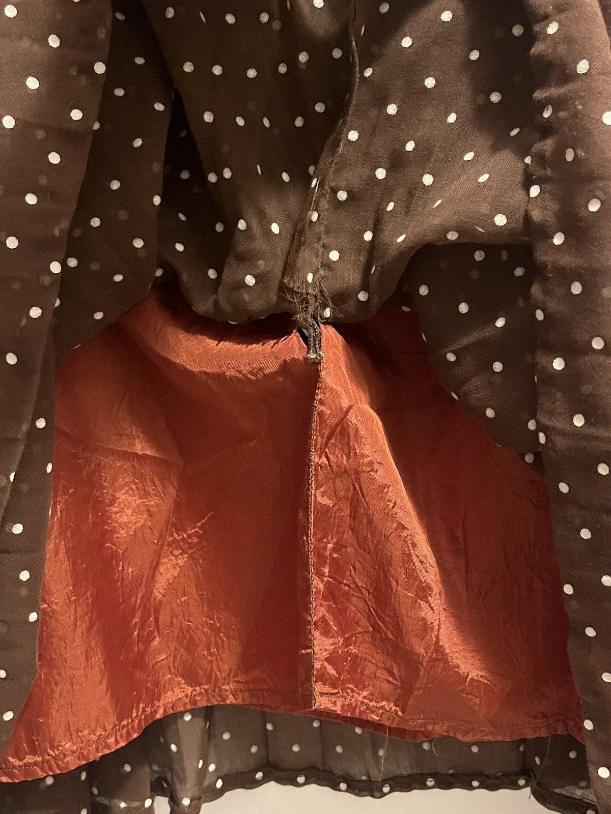 Vtg 1960’s Brown With White Polka Dots Pleated Sleeveless A-Line Dress Cut Tag