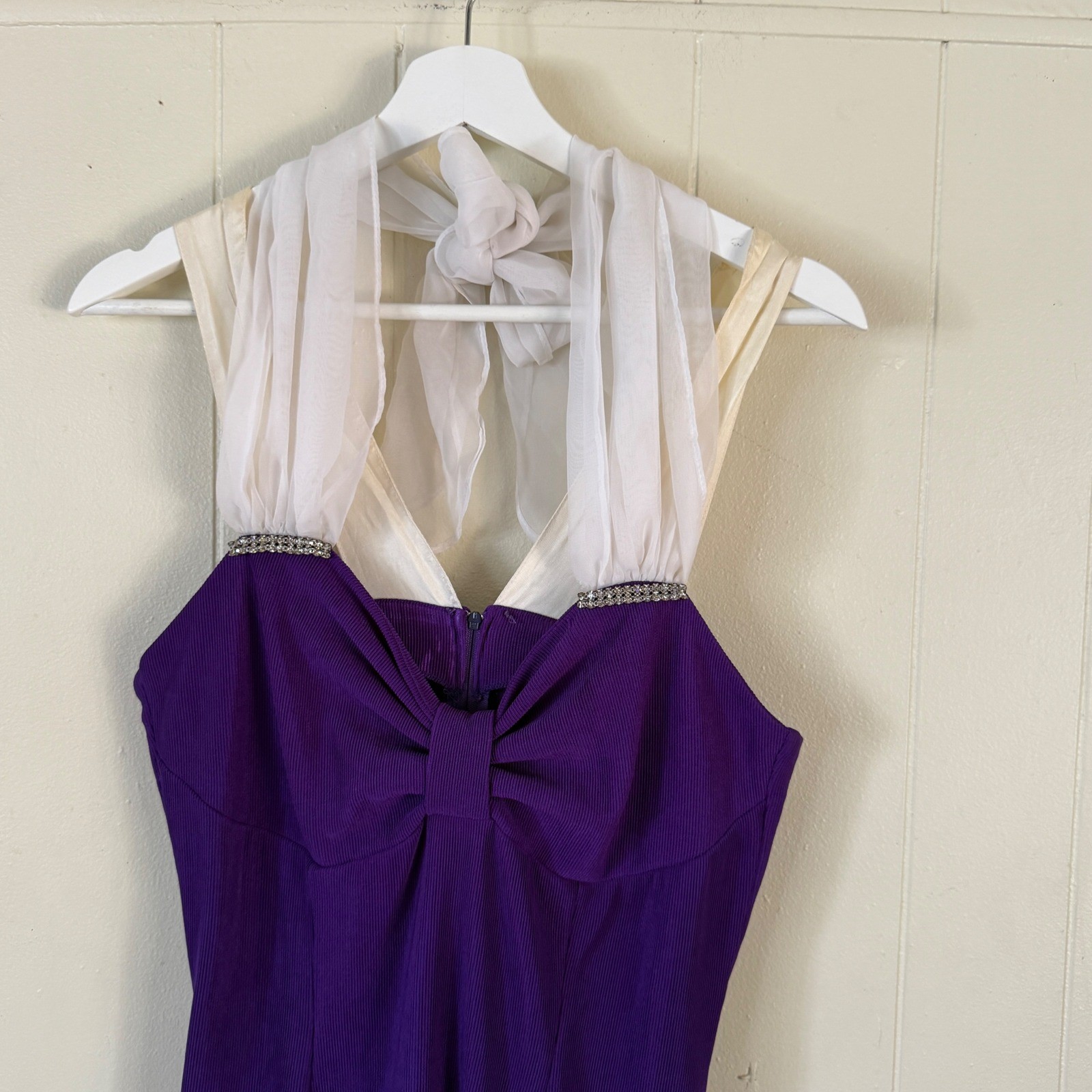 Vintage Basic Plus Womens Purple Bow Halter Fit Flare Dress Rhinestone Size 4