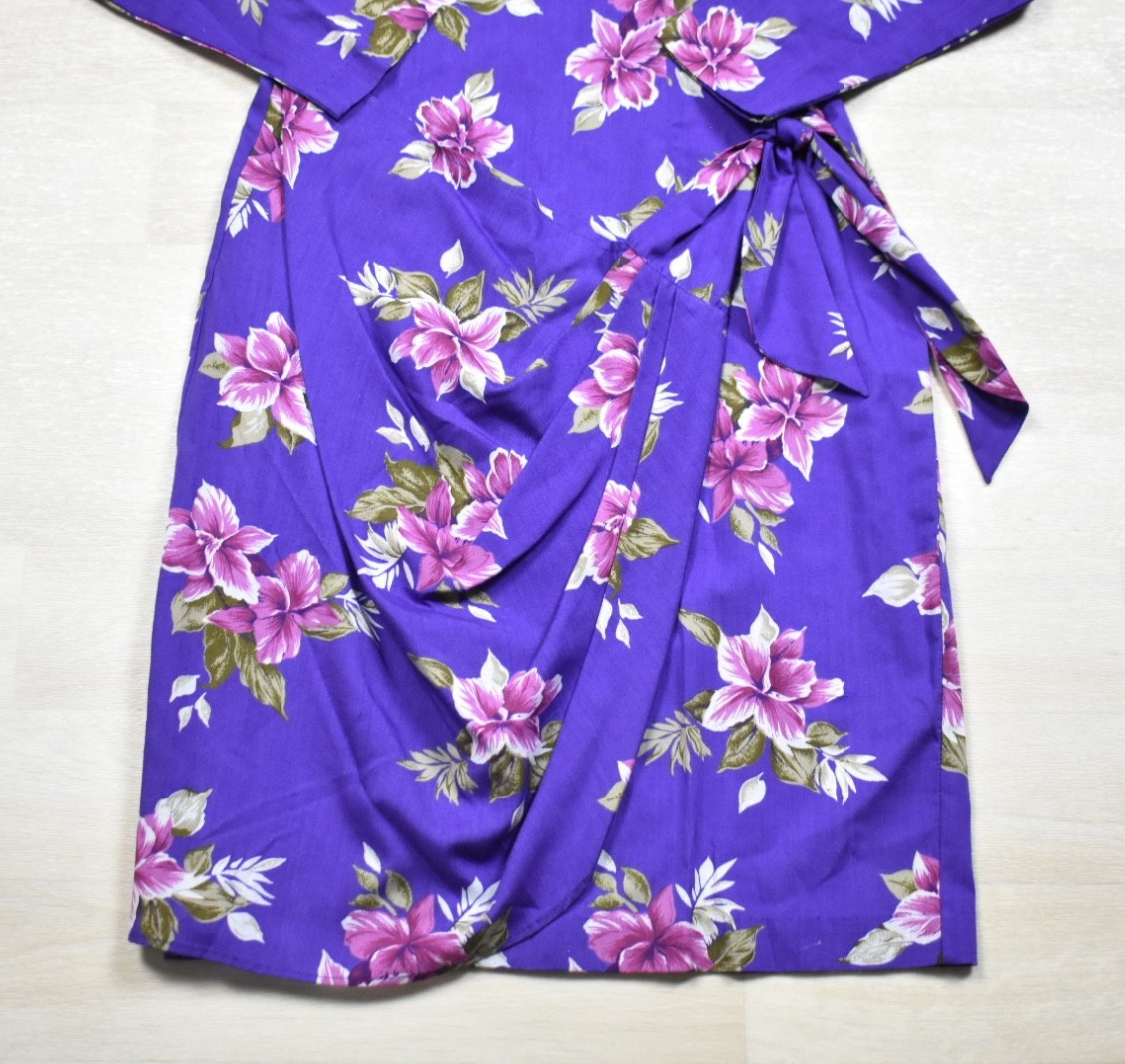 90s Stephan Hawaiian Tropical Print Midi Dress Rayon Beach Purple Floral 10 VTG