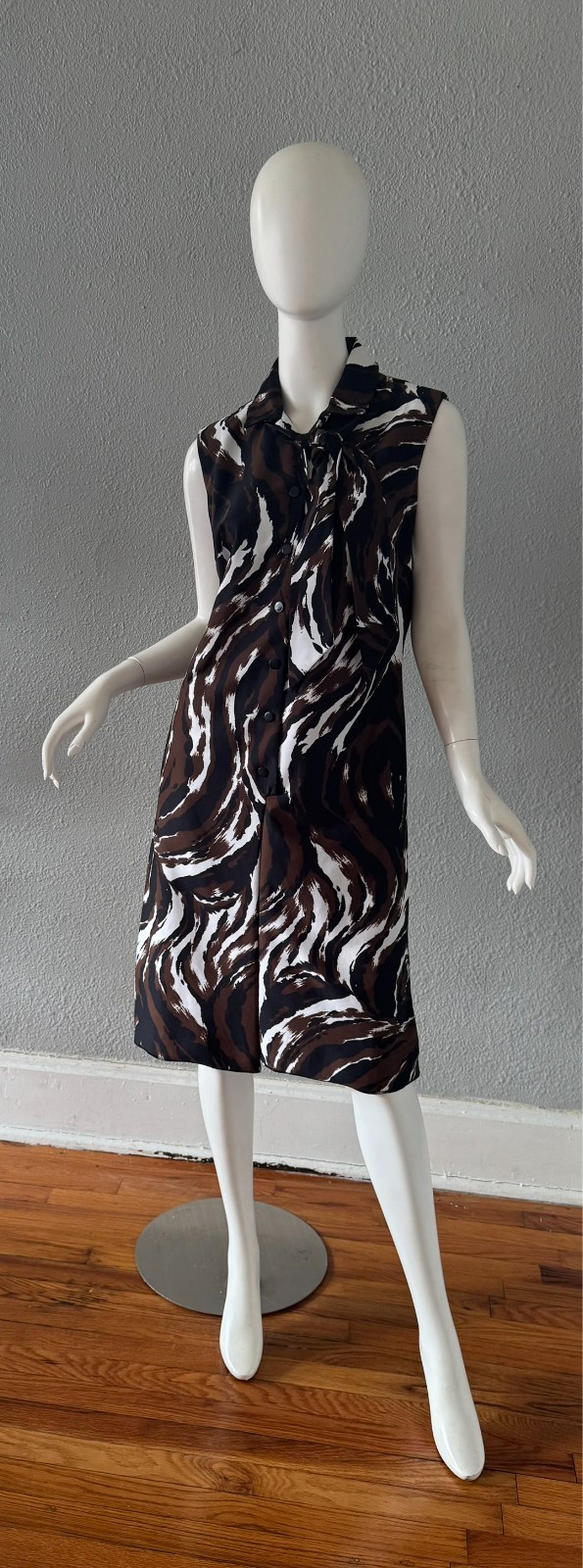 Vintage 60s Sleeveless Abstract Neck Tie MOD Button Shift Dress L