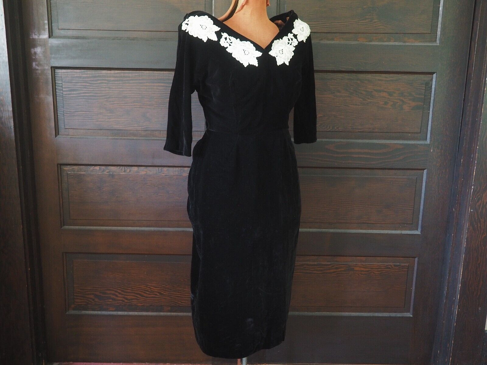 VTG 30s 40s Black Velvet Rhinestone Glam Pinup Party Cocktail Formal Dress Sz M