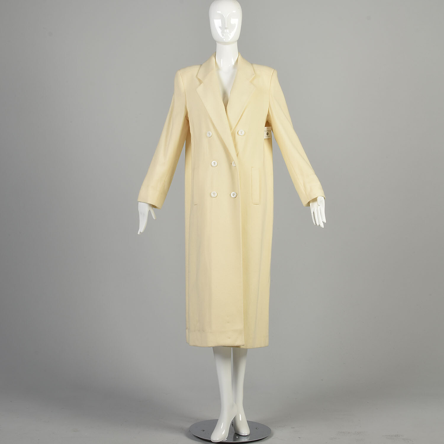 Large 1980s Cream Wool Coat Ivory Off-White Double-Breasted Long Maxi Overcoat